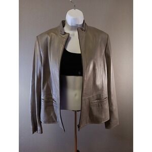 Alfani‎ Petite Genuine Leather Jacket Women's M Taupe Full Zip Stand Collar Y2K